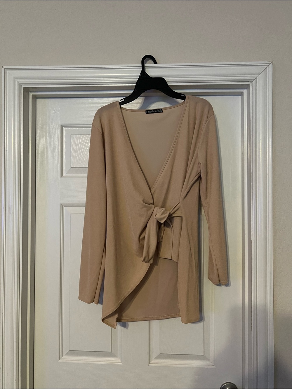 Boohoo Beige Tie-Front Wrap Tunic Top - Long Sleeve